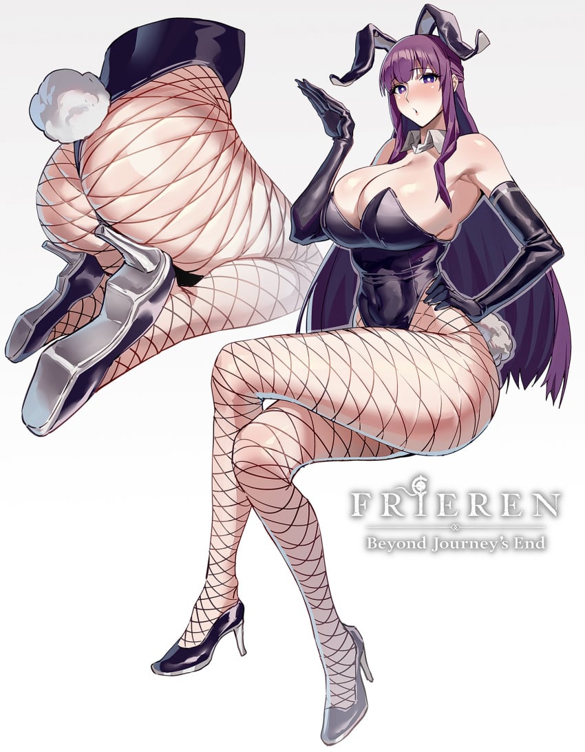 1girls animal_ears ass bare_shoulders big_breasts black_gloves black_leotard breasts celyn404 commentary_request detached_collar elbow_gloves fake_animal_ears fake_tail female fern_(sousou_no_frieren) fishnet_pantyhose fishnets gloves gradient_background grey_background hand_up highres large_breasts leotard long_hair looking_at_viewer multiple_views pantyhose playboy_bunny purple_eyes purple_hair rabbit_ears rabbit_tail sitting sousou_no_frieren tail thighs very_long_hair