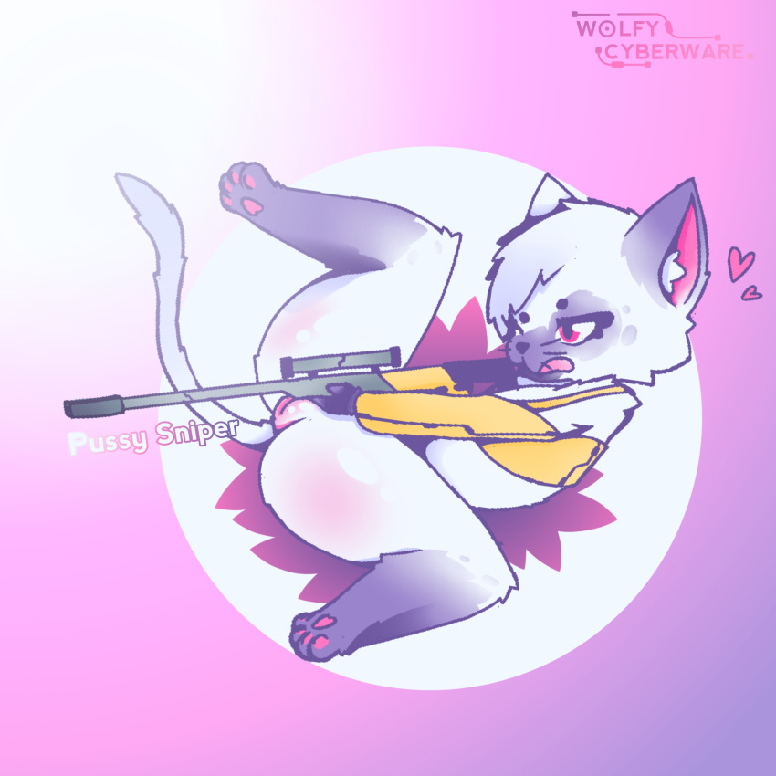 absurd_res domestic_cat felid feline felis female fur genitals gun hi_res invalid_tag mammal no_humans pussy ranged_weapon rifle sniper_rifle solo weapon white_body white_cat white_fur wolfy_cyberware