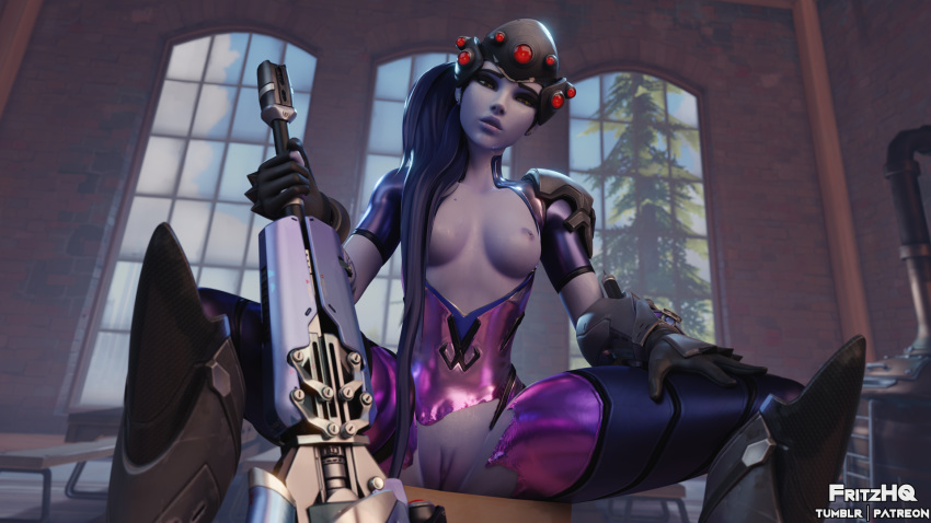 3d blender blue_hair blue_skin bodysuit breasts eichenwalde_(map) female female_only fritzhq headgear looking_at_viewer nipples overwatch pussy solo torn_clothes widowmaker