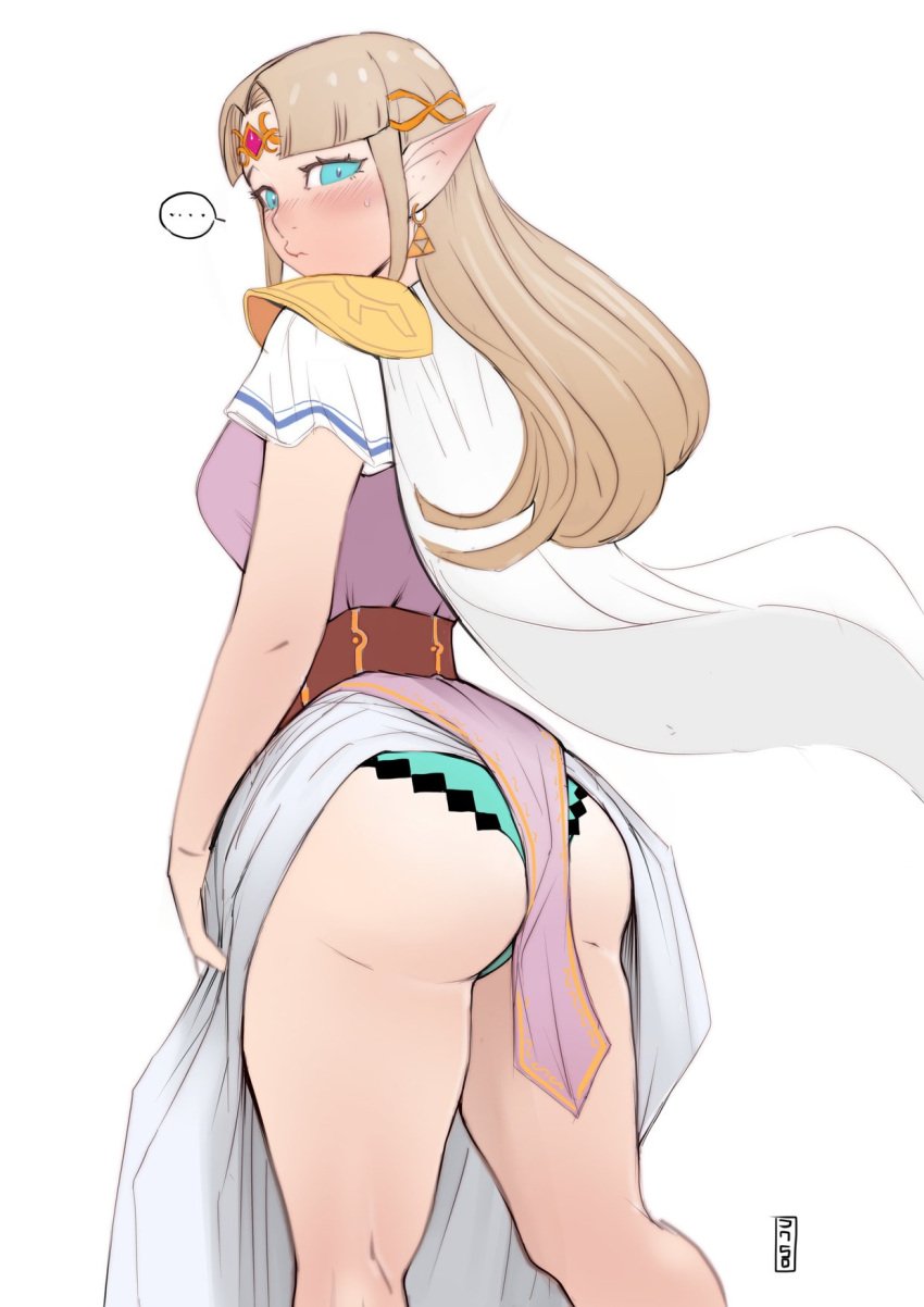 1girls artist_signature ass belt blue_eyes blush crown dress earrings female green_underwear high_resolution huge_ass hylian jewelry jonbear_(artist) lifted_by_self long_hair looking_at_viewer nintendo panties pixel_panties pointed_ears pointy_ears princess princess_zelda royalty simple_background the_legend_of_zelda thejnsdh_(artist) thick_thighs thighs triforce_earrings underwear white_background white_dress zelda_(a_link_between_worlds)