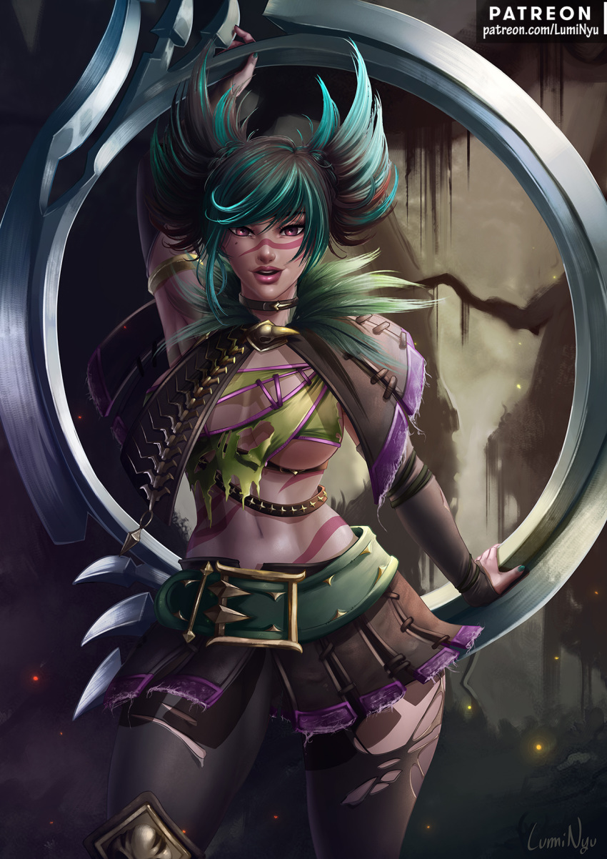 1girls 2018 abs blue_hair breasts brown_hair cleavage clothed clothing feathers female female_only fur hi_res highres hips human humanoid large_breasts lips lipstick looking_at_viewer luminyu navel open_mouth pale-skinned_female pale_skin piercing pink_eyes pinup ripped_clothing solo solo_focus soul_calibur soul_calibur_vi tattoo thick_thighs thighs tira two_tone_hair underboob weapon wide_hips