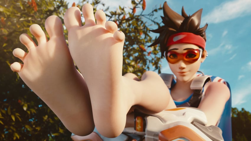 3d alternate_costume barefoot colonelyobo feet female female_only foot_fetish foot_focus overwatch pov_feet soles solo toes tracer track_and_field_tracer