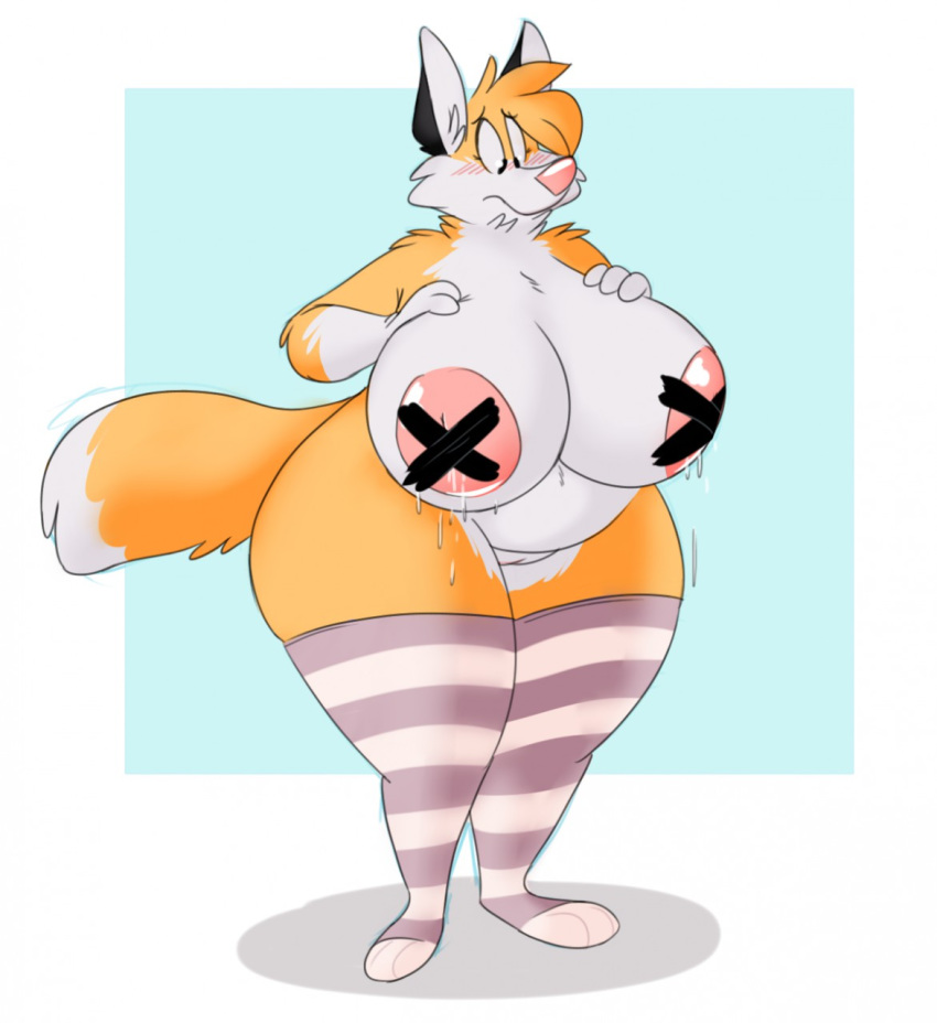 anthro belly big_belly big_breasts blush breasts canine clothing embarrassed female fox hi_res huge_breasts lactating legwear mammal nipple_tape overweight overweight_female pasties pussy simple_background solo stockings striped_legwear striped_stockings stripes tape titsunekitsune zera_(titsunekitsune)