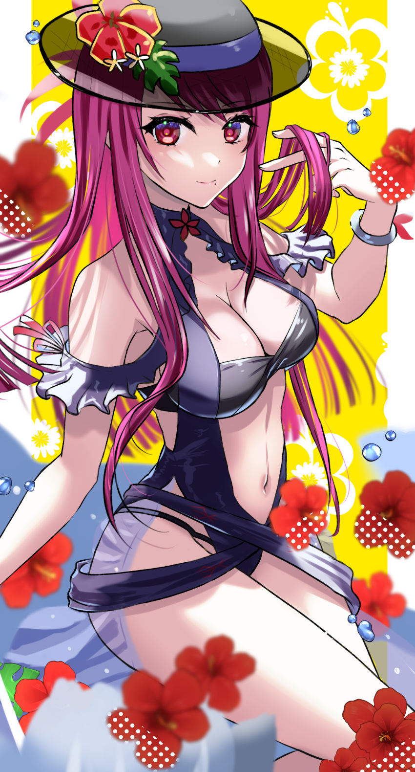 1girls absurdres alternate_costume bare_shoulders black_headwear black_one-piece_swimsuit black_swimsuit breasts cleavage clothing_cutout dress dress_swimsuit female female female_only fire_emblem fire_emblem_engage fire_emblem_heroes flower frills hat hibiscus highres ivy_(fire_emblem) ivy_(summer)_(fire_emblem) large_breasts long_hair looking_at_viewer mole mole_under_mouth mu_tu_bu navel nintendo official_alternate_costume one-piece_swimsuit purple_eyes purple_hair red_flower see-through_headwear solo stomach stomach_cutout swimsuit