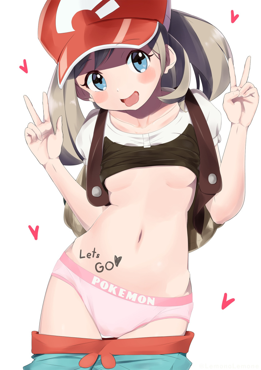 1girls backpack bag belly blonde_hair blue_eyes blush body_writing breasts brown_hair clothed double_v elaine_(pokemon) eyelashes female female_only hat heart human lemonolemone long_hair looking_at_viewer midriff navel nintendo open_mouth panties pink_panties pokemon pokemon_lgpe pokemon_rgby ponytail shirt shirt_lift shorts shorts_down small_breasts smile solo standing text thigh_gap tongue tongue_out underboob v white_background