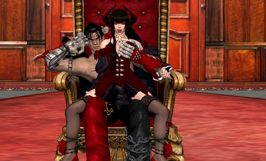 1boy 3d breast_grab chains chest_tattoo clawed_gauntlets demon_boy devil devil_boy devil_horns devil_jin dress eliza_(tekken) face_markings face_tattoo fangs forehead_jewel forehead_markings frilled_skirt frilled_sleeves gauntlets high_heels horns jin_kazama kazama_jin leather_pants looking_at_viewer male neck_tattoo open_mouth rose roses sitting_on_lap spread_legs stockings straight studded_gloves tagme tattoo tekken thorns throne throne_room vampire vampire_girl vines