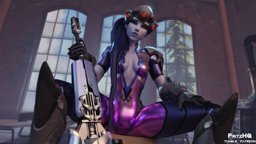 3d blender blue_hair blue_skin bodysuit cleavage eichenwalde_(map) female female_only fritzhq headgear looking_at_viewer overwatch solo widowmaker