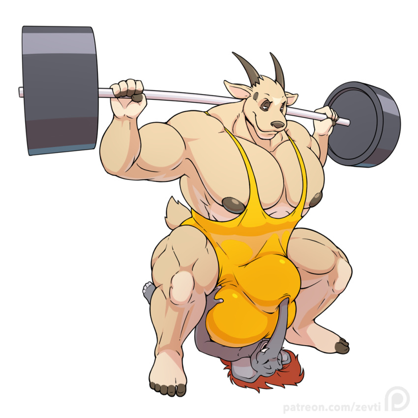 anthro ass avoid_posting balls big_(disambiguation) big_balls big_penis black_nipples black_nose brittany bulge caprine clothing elephant exercise goat horn huge_balls hyper hyper_balls hyper_penis male male_focus mammal muscular muscular_male nipples penis weightlifting weights workout wrestling_singlet xoury zevtibull