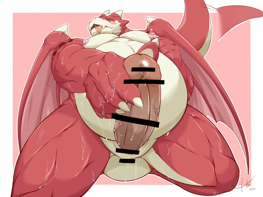 animal_genitalia anthro blush censored chiubear0214 dragon erection genital_slit kemono looking_at_viewer male male_only nipple_pinch penis pinch scalie slit solo 炽羽