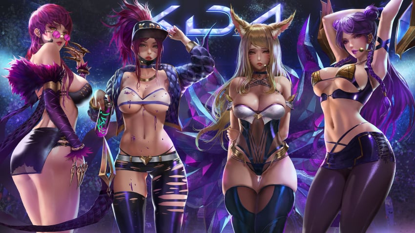 adjusting_eyewear adjusting_glasses ahri akali alternate_costume big_breasts evelynn female_only highres idol k/da_ahri k/da_akali k/da_evelynn k/da_kai&#039;sa k/da_series kai&#039;sa large_breasts league_of_legends lexaiduer liebeloss_.lex lipstick looking_over_eyewear looking_over_glasses nail_polish pink-tinted_eyewear revealing_clothes strapless strapless_leotard strapless_top strapless_topwear sunglasses tinted_eyewear tubetop