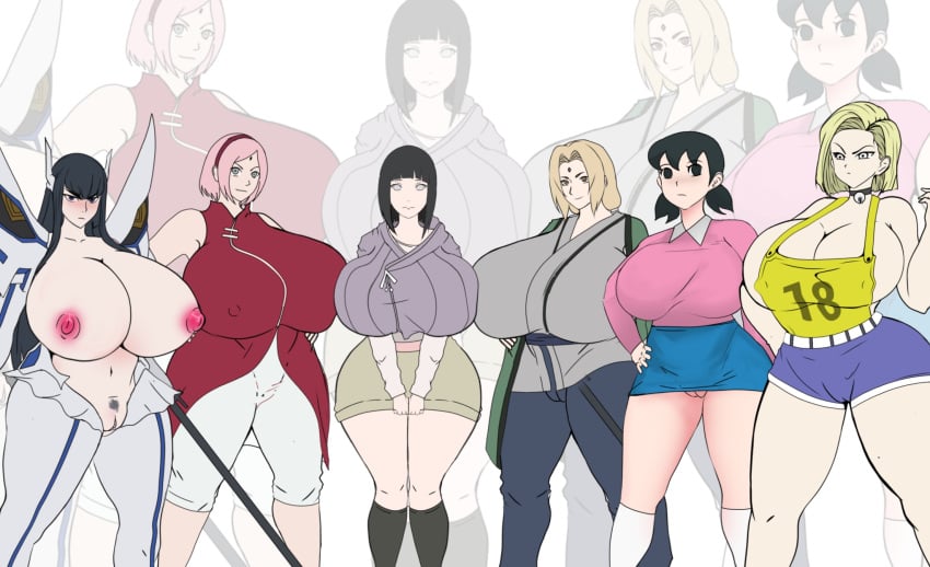 6girls alternate_body_type alternate_breast_size android_18 big_breasts boruto:_naruto_next_generations breasts crossover doraemon dragon_ball dragon_ball_z female female_only huge_breasts hyuuga_hinata kill_la_kill kiryuuin_satsuki long_hair multiple_girls naruto naruto_(series) polyphiai sakura_haruno shizuka_minamoto short_hair thick_thighs tsunade