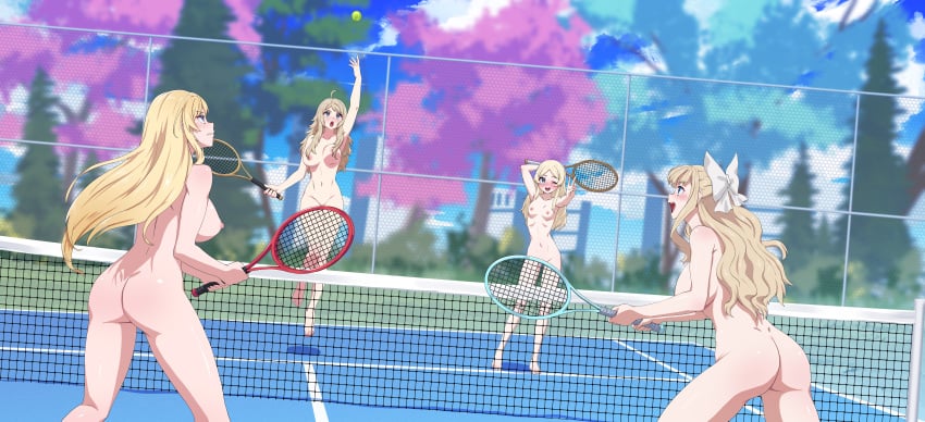 4girls antenna_hair ass blonde_female blonde_hair charlotte_(fire_emblem) clarisse_(fire_emblem) commission commissioner_upload fire_emblem lissa_(fire_emblem) naked nude_female ophelia_(fire_emblem) oppaihobby tennis tennis_court tennis_racket