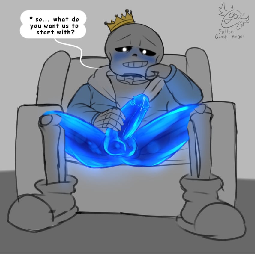 blush chair crown dialogue ectobody ectopenis fallen_ghost_angel_(artist) hand_on_penis looking_at_viewer male_only sans undertale