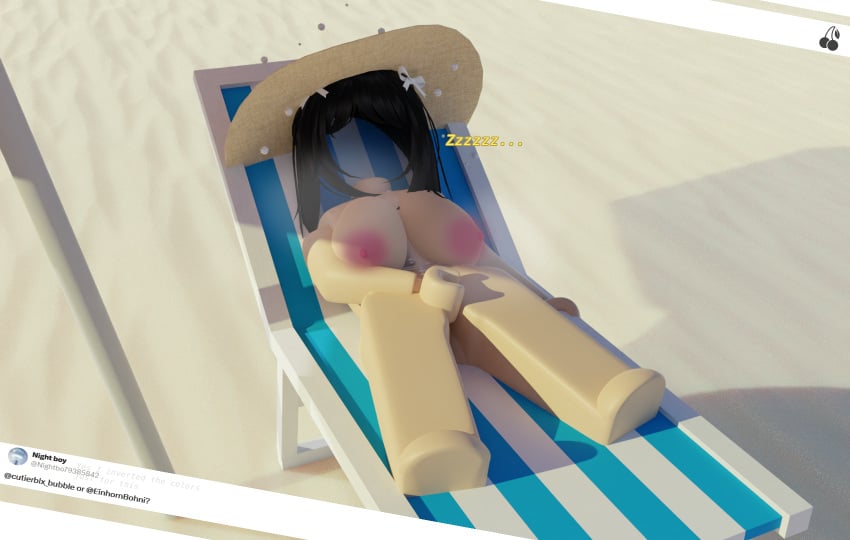 3d barefoot beach_hat big_ass big_breasts black_hair blender_(software) blender_cycles cher924 exposed_breasts exposed_nipples hand_on_pussy headless hiding_pussy light-skinned_female lying_down nude_female roblox roblox_avatar self_upload sleeping_nude watermark