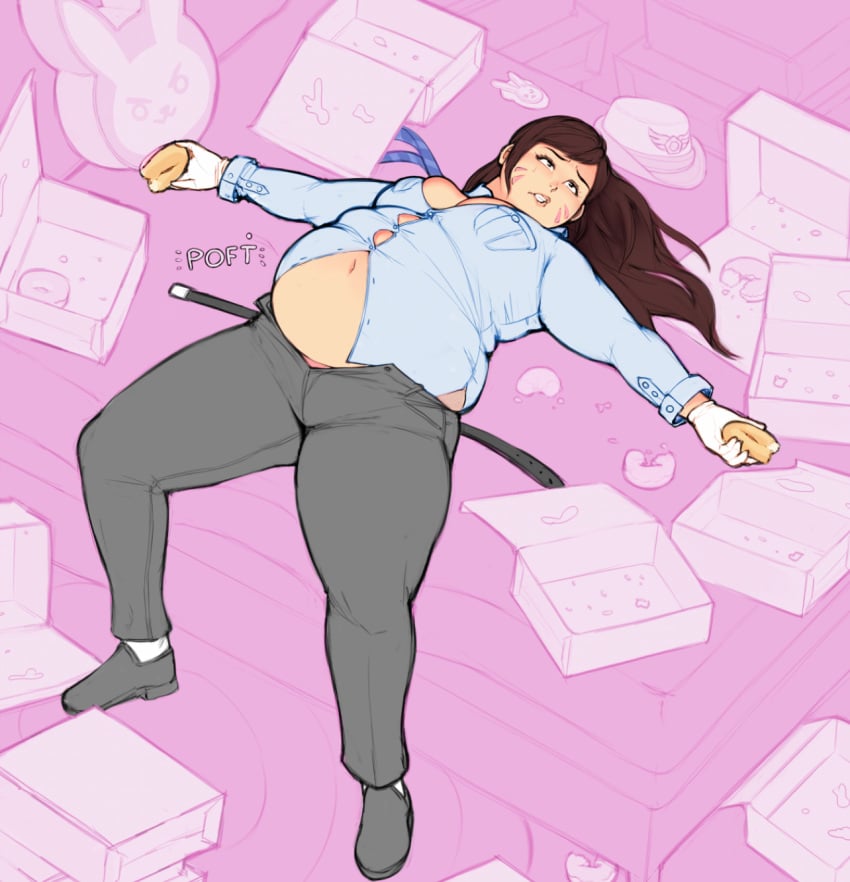 bbw belly belt belt_snapping big_belly big_breasts chubby chubby_female d.va fat fat_ass fat_belly overwatch overwatch_2 overweight overweight_female pewbutt police_officer_d.va police_uniform tight_clothing tight_fit wardrobe_malfunction weight_gain