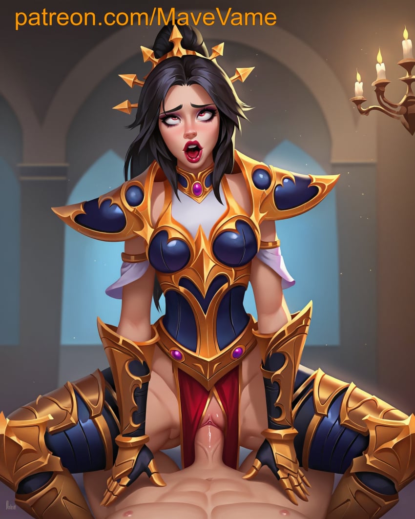 ahe_gao ahegao_face ai_generated armor black_hair blizzard_entertainment cowgirl_position diablo li-ming lipstick open_mouth orange_eyes red_lipstick riding rolling_eyes sex tongue_out vaginal_penetration vaginal_sex