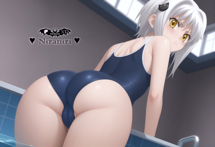 absurdres ai_generated ass bent_over blue_one-piece_swimsuit blush cameltoe cat_hair_ornament female from_behind hair_ornament high_school_dxd highres indoors koneko_toujou leaning_forward looking_back niraniri one-piece_swimsuit pool pool_ladder school_swimsuit short_hair solo swimsuit water white_hair yellow_eyes