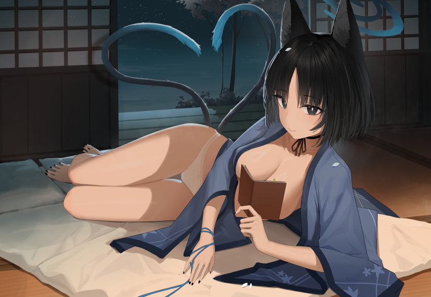 1girls 2_tails absurdres animal_ears barefoot black_eyes black_hair black_nails blue_archive blue_halo book breasts cat_ears cat_tail cleavage closed_mouth commentary fangfangtu female fingernails halo haori highres holding holding_book indoors japanese_clothes kikyou_(blue_archive) large_breasts looking_at_viewer lying multi_tail nail_polish nekomata no_bra no_pants on_side panties short_hair shouji sliding_doors smile solo symbol-only_commentary tail tails tatami toenail_polish toenails toes underwear white_panties wide_sleeves