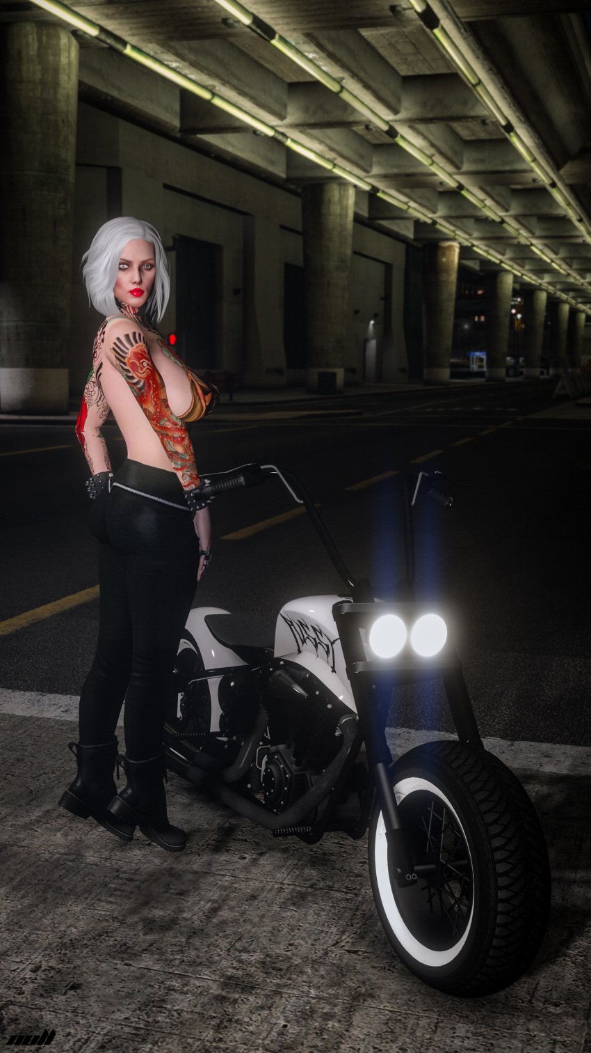 3d 3d_(artwork) big_breasts bike blue_eyes breasts choker fake_eye flossie_grey grand_theft_auto_online grand_theft_auto_v naked naked_female nipples nopixel nude nude_female nullinvoid original_character public public_nudity ring spiked_bracelet tattoo tattoo_on_arm tattoo_on_back tattoo_on_belly tattoo_on_chest tattoo_on_legs tattooed_arm tattoos white_eyes white_hair