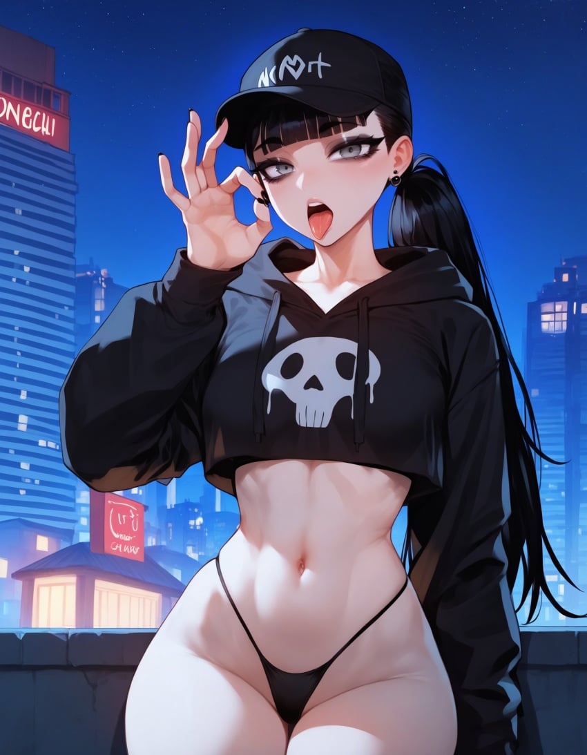 1girls ai_generated artstyle_imitation ass bangs bella_(xandr) black_earrings black_hair black_makeup blunt_bangs breasts cap choker crop_top crop_top_hoodie ear_piercing earrings emotionless eyelashes eyeshadow fellatio_gesture goth goth_girl gothic gothic_lolita grey_eyes hoodie light-skinned_female makeup medium_breasts night night_sky pale-skinned_female ponytail seductive seductive_look straight_hair thiccwithaq_(ai_style) thick_ass thick_legs thick_lips thick_thighs thighs thin_female thin_waist thong tongue_out voluptuous voluptuous_female white_skin xandr young younger_female