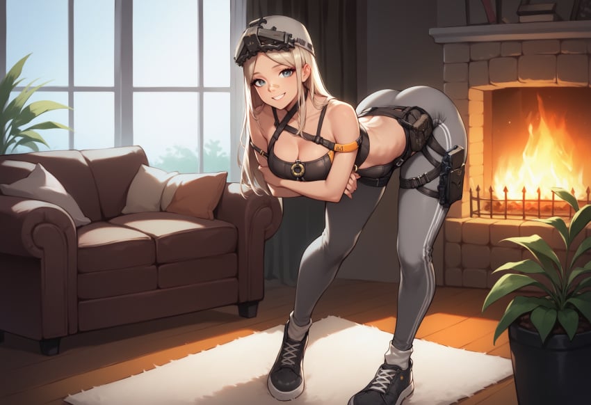 1girls ai_generated anaslex arms_crossed arms_crossed_under_breasts ass blonde_hair blue_eyes breast_strap centi_(nikke) cleavage crossed_arms goddess_of_victory:_nikke hat hi_res holster pose posing smile smiling solo straps thigh_strap tight_clothing tight_pants