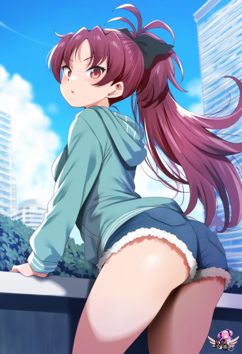 ai_generated artist_logo ass ass_focus black_ribbon booty casual hair_ribbon highres jean_shorts long_hair long_ponytail looking_back madoka_worship magical_girl mahou_shoujo_madoka_magica ponytail puella_magi_madoka_magica red_eyes red_hair round_ass round_butt sakura_kyouko solo