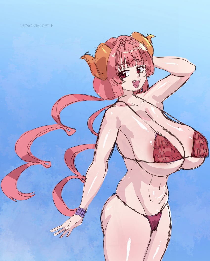 1girls areola_slip ass bikini cleavage dragon_humanoid female horns huge_breasts ilulu_(dragon_maid) lemonbizate_(artist) long_hair miss_kobayashi's_dragon_maid oerba_yun_fang open_mouth pink_hair sketch smile solo swimsuit