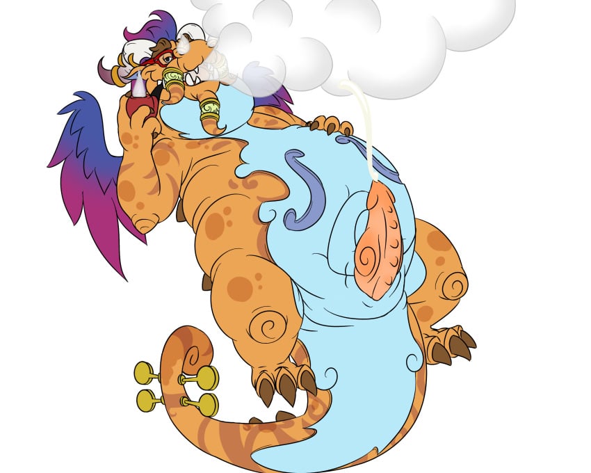 2018 3_toes animal_genitalia anthro belly big_belly cum cumshot dragon ejaculation eyewear front_view genital_slit glasses hand_on_stomach looking_at_viewer male male_only nude orgasm pipe poplaromo simple_background slightly_chubby slit smoke solo spyro_reignited_trilogy spyro_the_dragon toes unika_(spyro) video_games white_background wings