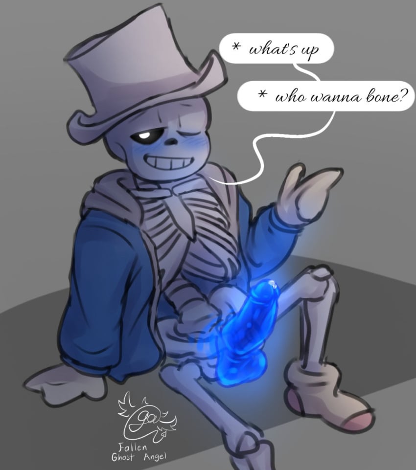 blush cursive dialogue ectopenis fallen_ghost_angel_(artist) hoodie looking_at_viewer precum sans skeleton socks top_hat undertale