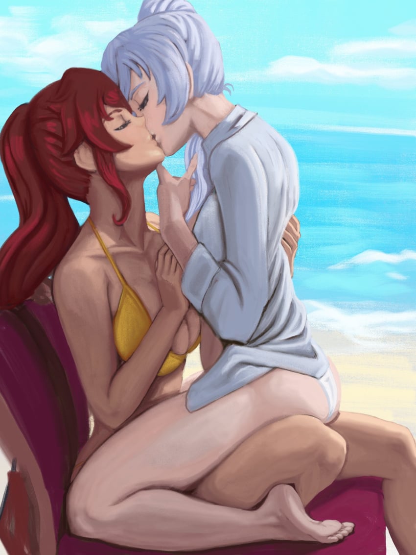 2girls barefoot beach bikini cleavage closed_eyes female female_only kissing ocean ponytail pyrrha_nikos red_hair romantic rwby sitting sitting_on_lap weiss_schnee white_hair yuri zilvan