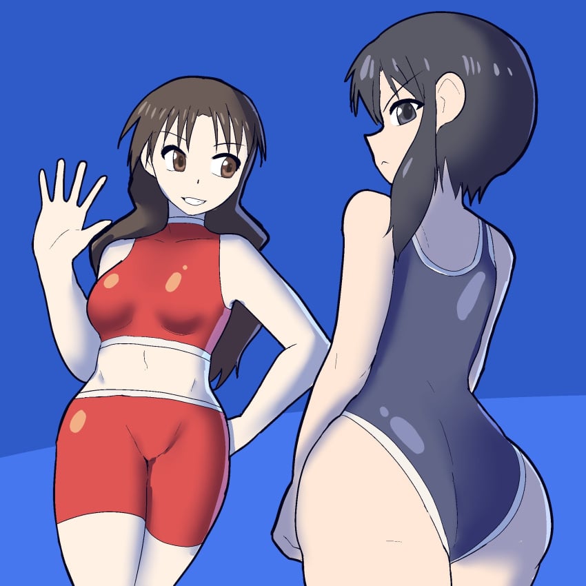 2girls ass azumanga_daiou bikini blue_background dat_ass female_only light_skinned_female nyamo_minamo_kurosawa rear_view rytuwil softcore swimsuit yukari_tanizaki