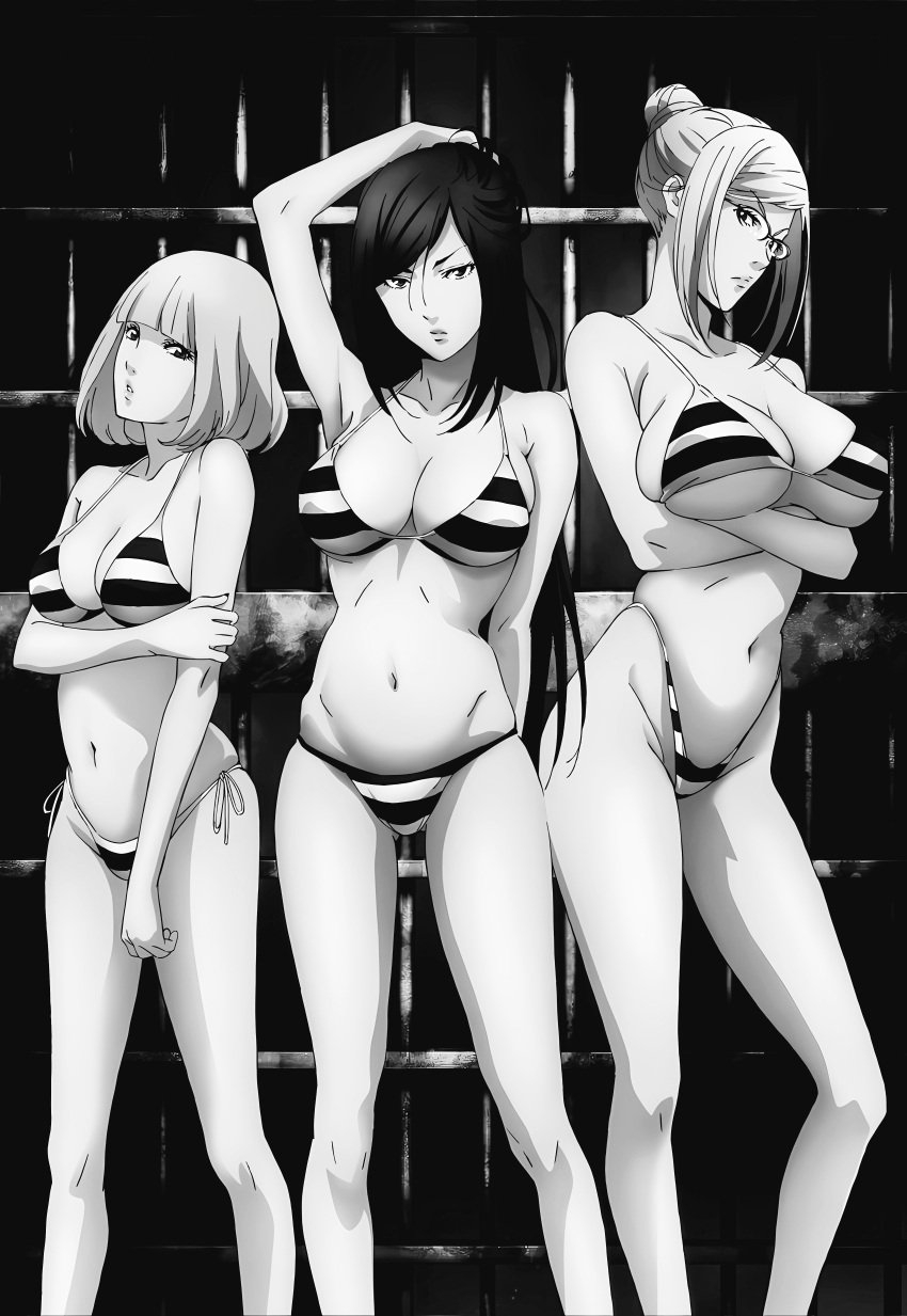 3girls armpit arms_up artist_request big_breasts bikini black_and_white breasts female female_only hand_on_head kurihara_mari_(prison_school) large_breasts long_hair looking_at_viewer medium_breasts midorikawa_hana only_female prison prison_school shiraki_meiko short_hair small_breasts