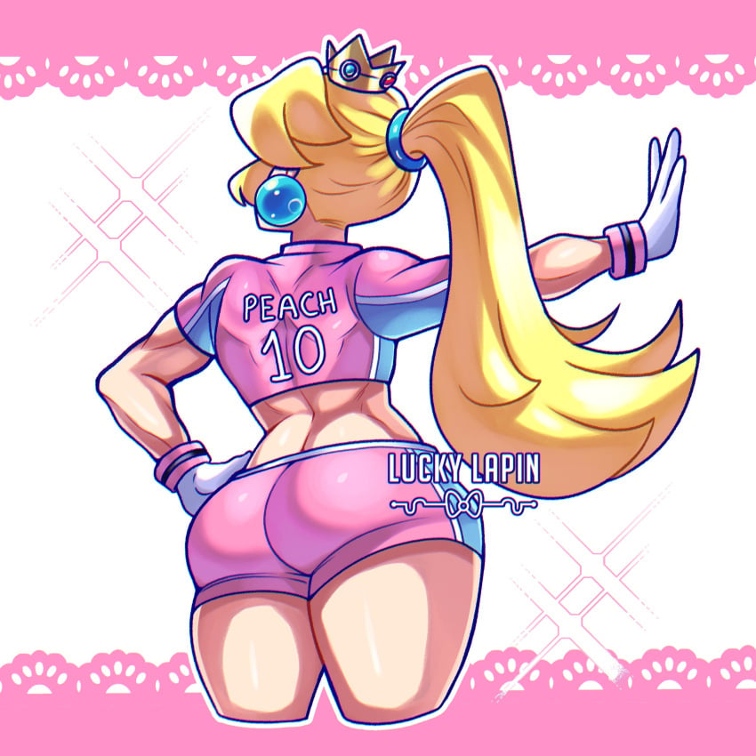 1girls ass ass_focus back big_ass blonde_hair crown earrings fat_ass female female_focus from_behind from_below gloves gyatt hand_on_hip highres huge_ass jewelry long_hair looking_afar mario_(series) mario_strikers mario_strikers_peach_back_view_redraw_(meme) midriff nintendo outstretched_arm pink_shirt pink_shorts ponytail pose posing princess_peach sensual shirt short_shorts short_sleeves shorts soccer_uniform solo sportswear standing thick_thighs thighs two-tone_shirt unluckylapin white_gloves wide_hips