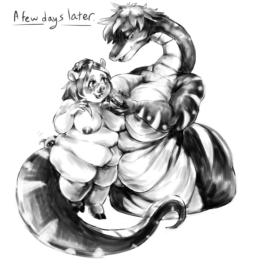 anthro apode big_breasts breast_grab breasts domestic_pig draconcopode duo female hand_on_breast hi_res legless mammal naga nipples overweight reptile scalie serpentine snake suid suina sus_(pig) vomits_(artist)