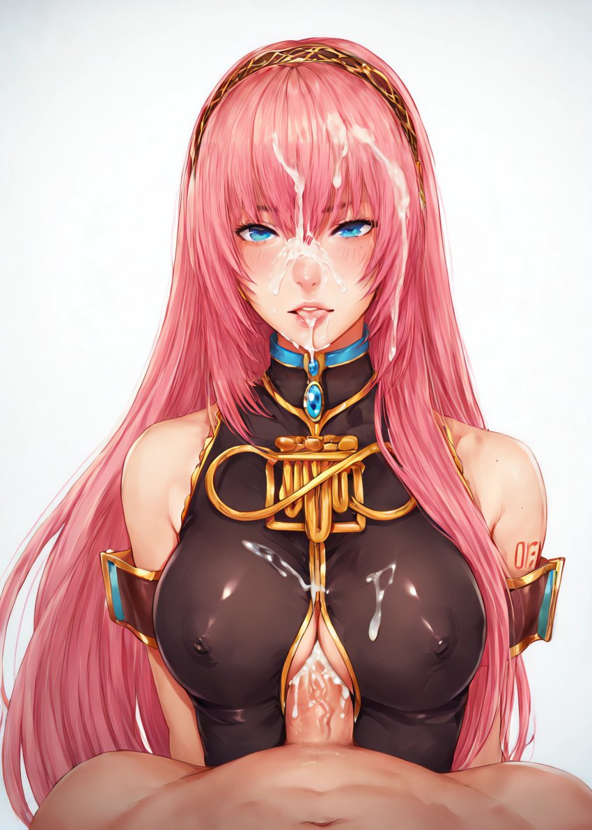 1boy1girl ai_generated armband blue_eyes cleavage cum cum_on_breasts cum_on_face cum_on_hair cum_on_tongue large_breasts megurine_luka nipple_bulge paizuri penis penis_on_breast pink_hair pony_diffusion_xl tongue_out very_long_hair vocaloid