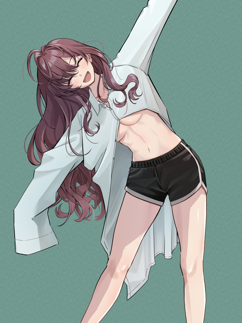 ^_^ absurdres ahoge bare_legs black_shorts blush breasts brown_hair closed_eyes daiko_(dai1974910) dolphin_shorts feet_out_of_frame female green_background highres ichinose_shiki idolmaster idolmaster_cinderella_girls linea_alba long_hair medium_breasts navel oversized_clothes oversized_shirt shirt short_shorts shorts simple_background sleeves_past_fingers sleeves_past_wrists smile solo stomach underboob very_long_hair white_shirt