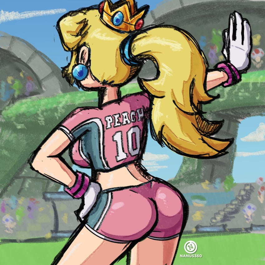 1girls artist_name ass ass_focus back big_ass big_breasts blonde_hair breasts busty crown earrings fat_ass female female_focus from_behind gloves hand_on_hip highres jewelry large_breasts long_hair looking_afar mario_(series) mario_strikers mario_strikers_peach_back_view_redraw_(meme) midriff nintendo outstretched_arm pink_shirt pink_shorts ponytail pose posing princess_peach sensual shirt short_shorts short_sleeves shorts sideboob soccer_uniform solo sportswear standing thighs two-tone_shirt white_gloves wide_hips