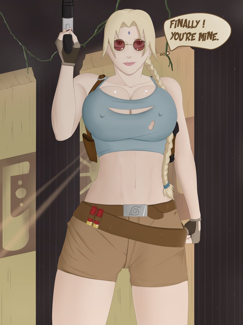 1girls comic cosplay dialogue female female_only lara_croft lara_croft_(cosplay) naruto queentsunade red-tinted_eyewear solo sunglasses tinted_eyewear tomb_raider tsunade