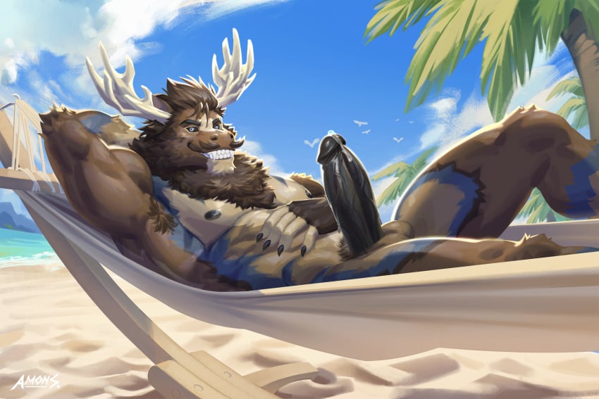 abs amon-sydonai anthro antlers balls beach_background bodily_fluids deer diffuse_moose erection fangs genital_fluids genitals hammock hi_res horn leaking_precum male mammal moose muscular muscular_anthro muscular_male new_world_deer nipples pecs penis precum sharp_teeth solo teeth vein veiny_penis