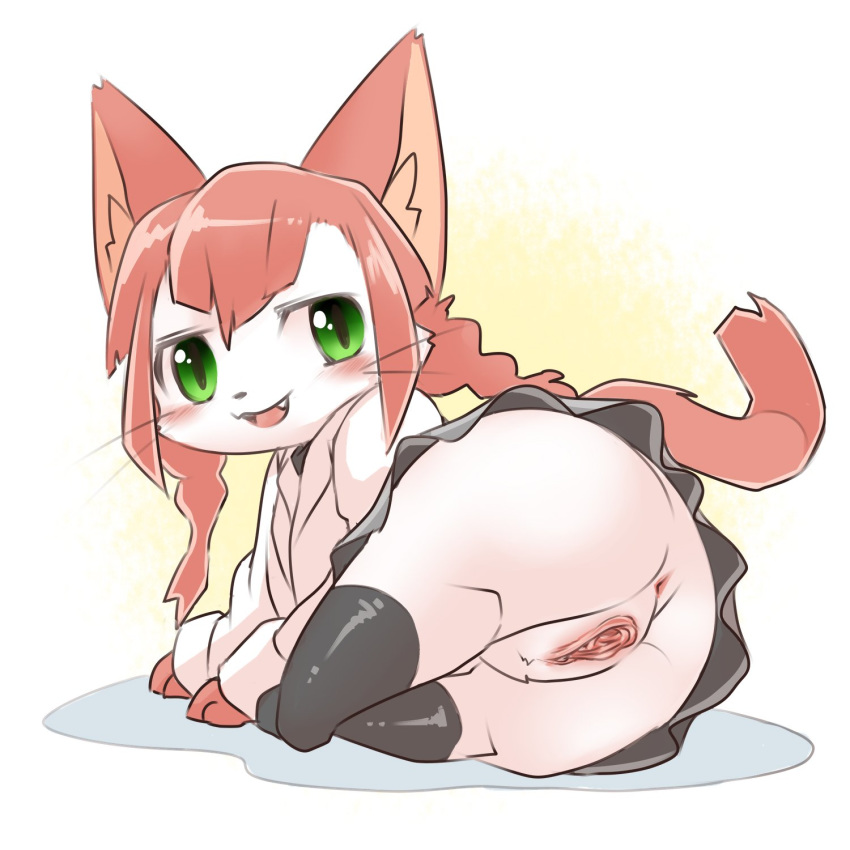 anthro anus ass blush bottomless clitoris clothed clothing cute_fangs feline female fur furry furry_only green_eyes hair kemono kesu_pu looking_at_viewer looking_back mammal miniskirt no_underwear nude open_mouth presenting presenting_anus presenting_pussy pussy simple_background skirt smile solo tongue