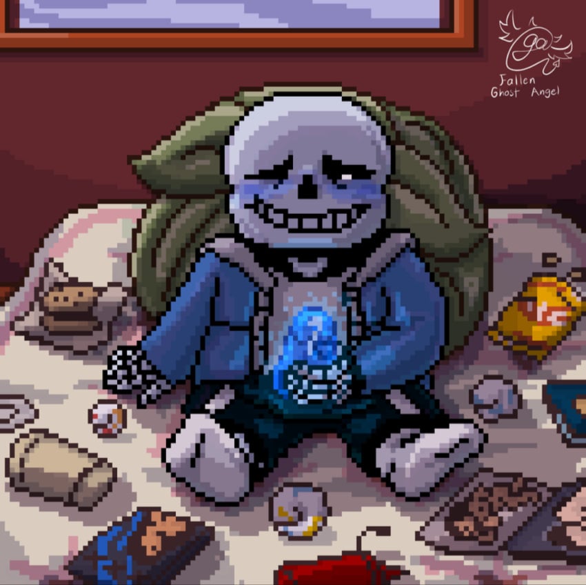 blush ectopenis fallen_ghost_angel_(artist) garbage male_focus male_only masturbating masturbation messy no_humans pixel_art precum sans undertale