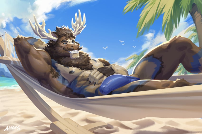 abs amon-sydonai anthro antlers beach_background bulge deer detailed_bulge diffuse_moose fangs genital_outline hammock hi_res horn male mammal moose muscular muscular_anthro muscular_male new_world_deer nipples pecs penis_outline sharp_teeth solo teeth