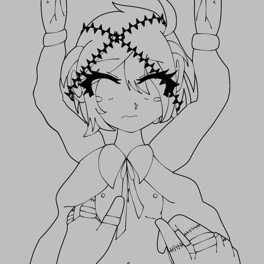 2boys abuse ahoge ascot bed_sheet black_hair blonde_hair demon demon_boy demon_horns dokugai dubious_consent funamusea gay greyscale hands_up hitoki horns jacket looking_at_viewer male_only mim4_aa monochrome navel nipples no_eyes open_jacket pov_hands self_upload short_hair size_difference sketch tears topless_male wavy_mouth yaoi