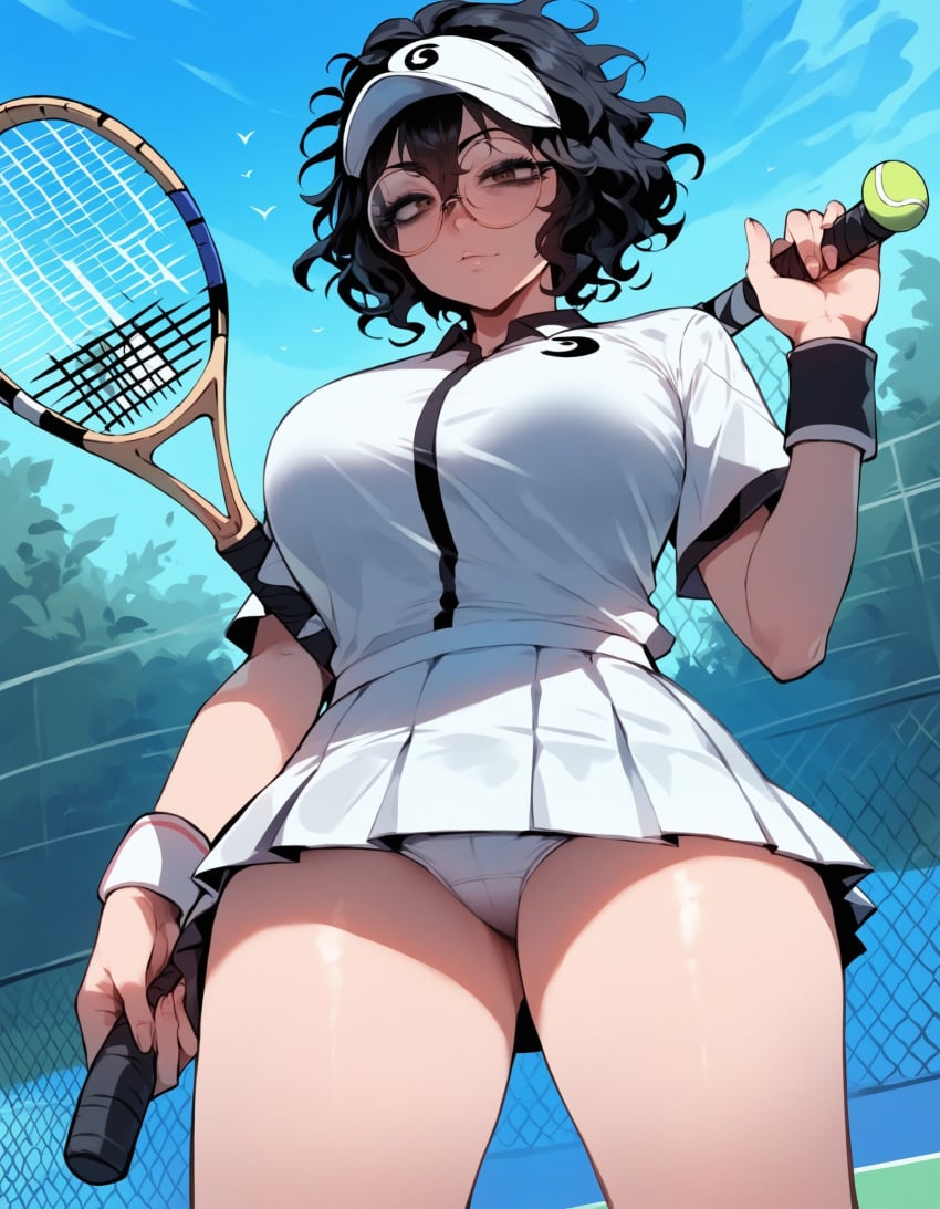 1girls ai_generated artstyle_imitation ass big_breasts black_hair breasts brown_eyes choker eyelashes eyeshadow glasses goth goth_girl gothic huge_breasts light-skinned_female messy messy_hair naughty naughty_face nerd night night_sky nipples olie pale-skinned_female round_glasses short_hair sport sports_uniform tennis tennis_racket tennis_uniform thiccwithaq_(ai_style) thick_ass thick_legs thick_lips thick_thighs thighs wavy_hair xandr