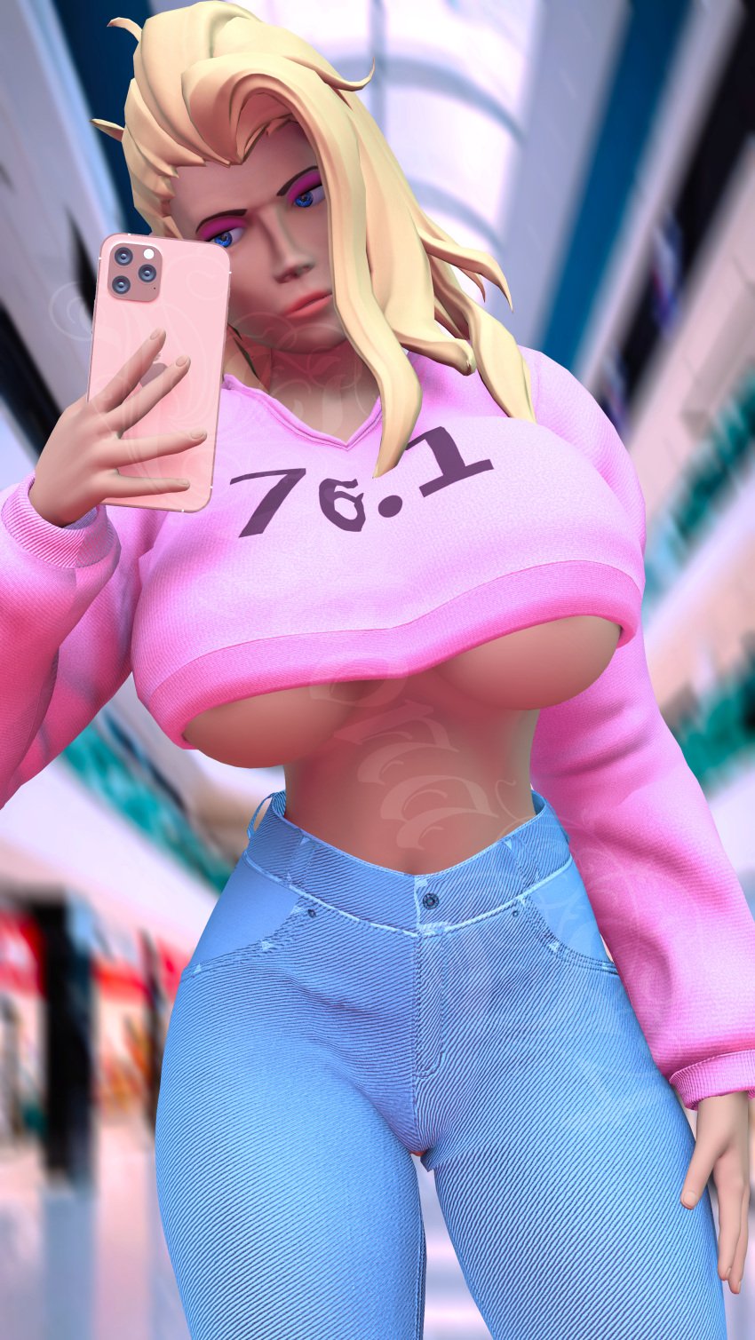 3d big_breasts blonde_hair breasts curvy_figure f4 female female_only femscout femscout_(alt_design) hoodie iphone jeans large_breasts looking_at_phone poster selfie sfm source_filmmaker underboob