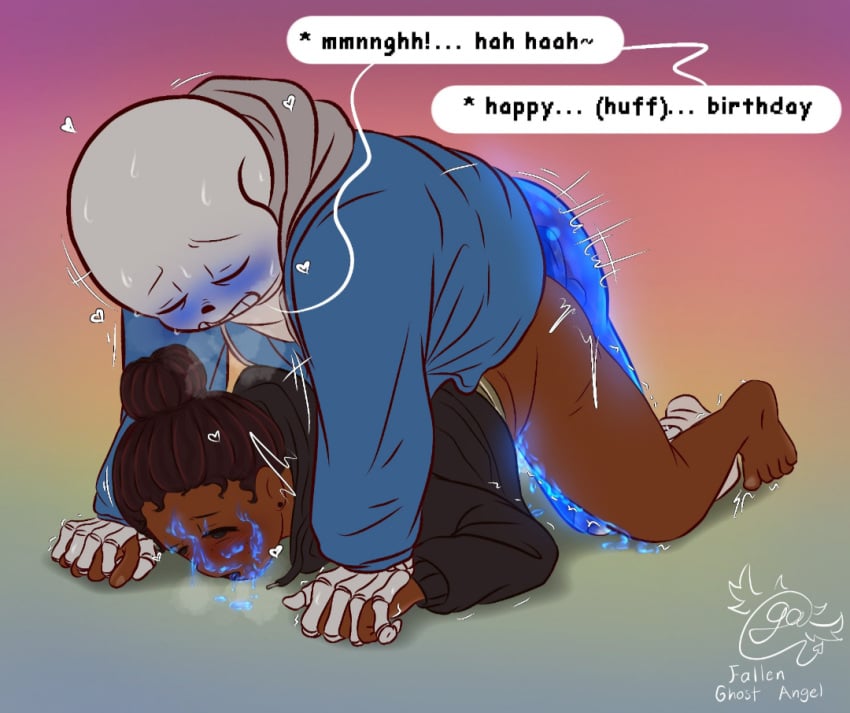 1boy1girl birthday blush blush cum cum_on_face dialogue ectobody ectopenis fallen_ghost_angel_(artist) oc sans undertale