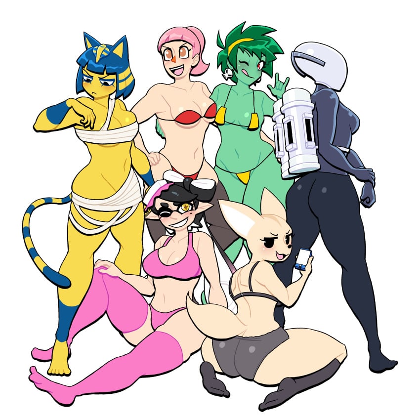 6girls aggressive_retsuko aggretsuko animal_crossing ankha anthro artificer_(risk_of_rain) bikini callie_(splatoon) crossover female female_only fenneko furry human light-skinned_female light_skin lovetopullmicke multiple_girls navel nintendo posing risk_of_rain rottytops sanrio shantae splatoon villager_(animal_crossing)