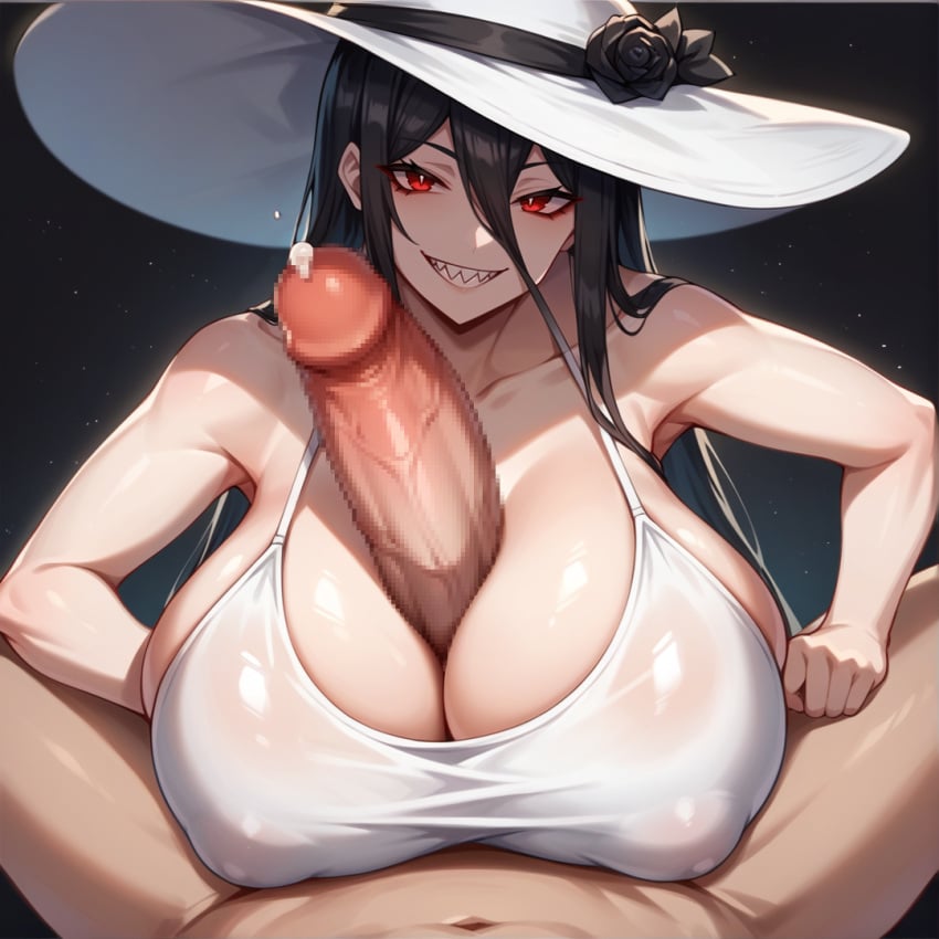 ai_generated black_hair censored covered_nipples ghost ghost_girl hasshaku-sama huge_breasts huge_cock huge_cock kao140522 long_hair monster_girl nightmare_waifu paizuri percum red_eyes sharp_teeth tall_female titjob youkai