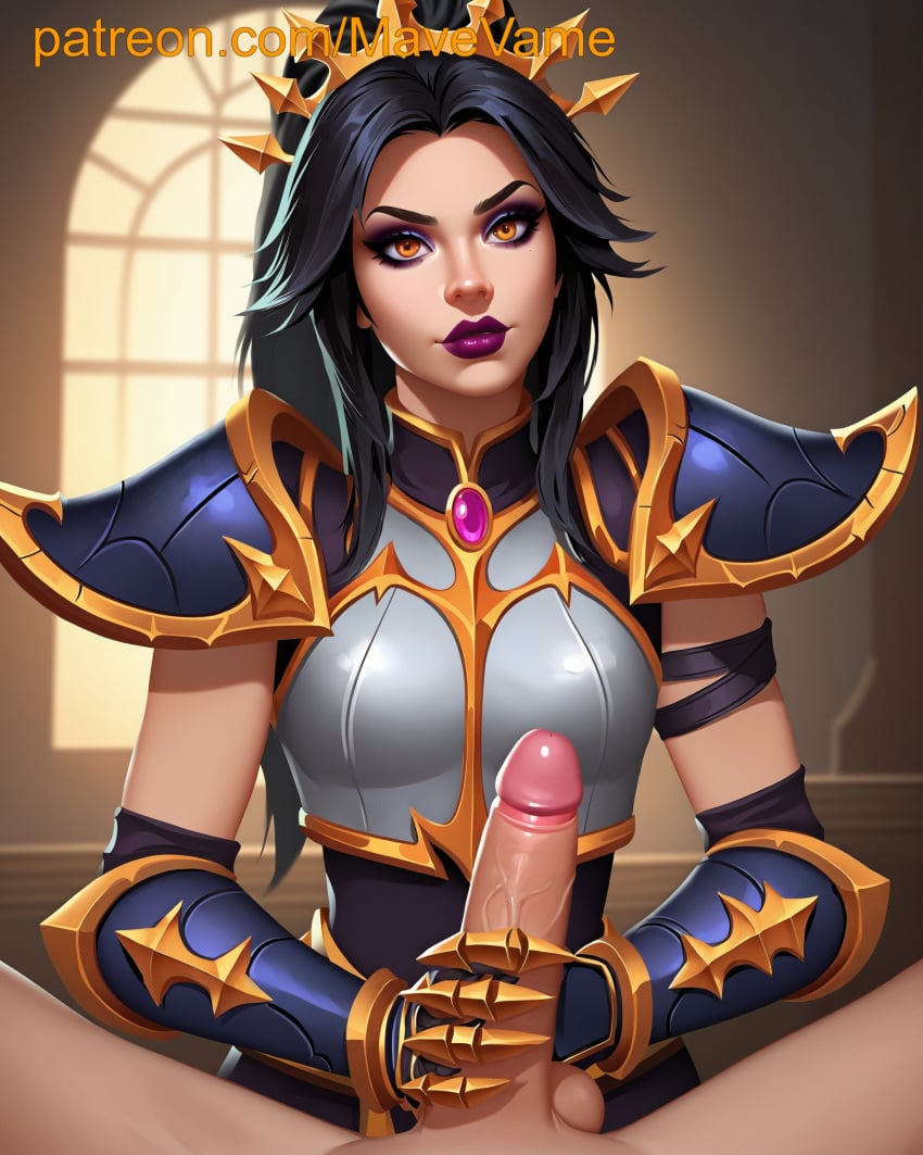 ai_generated armor balls black_hair blizzard_entertainment diablo li-ming lipstick masturbation orange_eyes penis purple_lipstick touching_penis