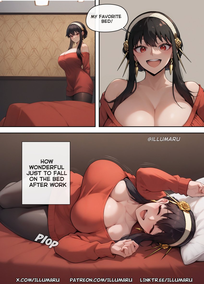 1girls 2024 ai_generated comic detailed doujinshi english english_text female female_focus hi_res illumaru manga manga_page patreon_username spy_x_family stable_diffusion yor_briar yor_forger